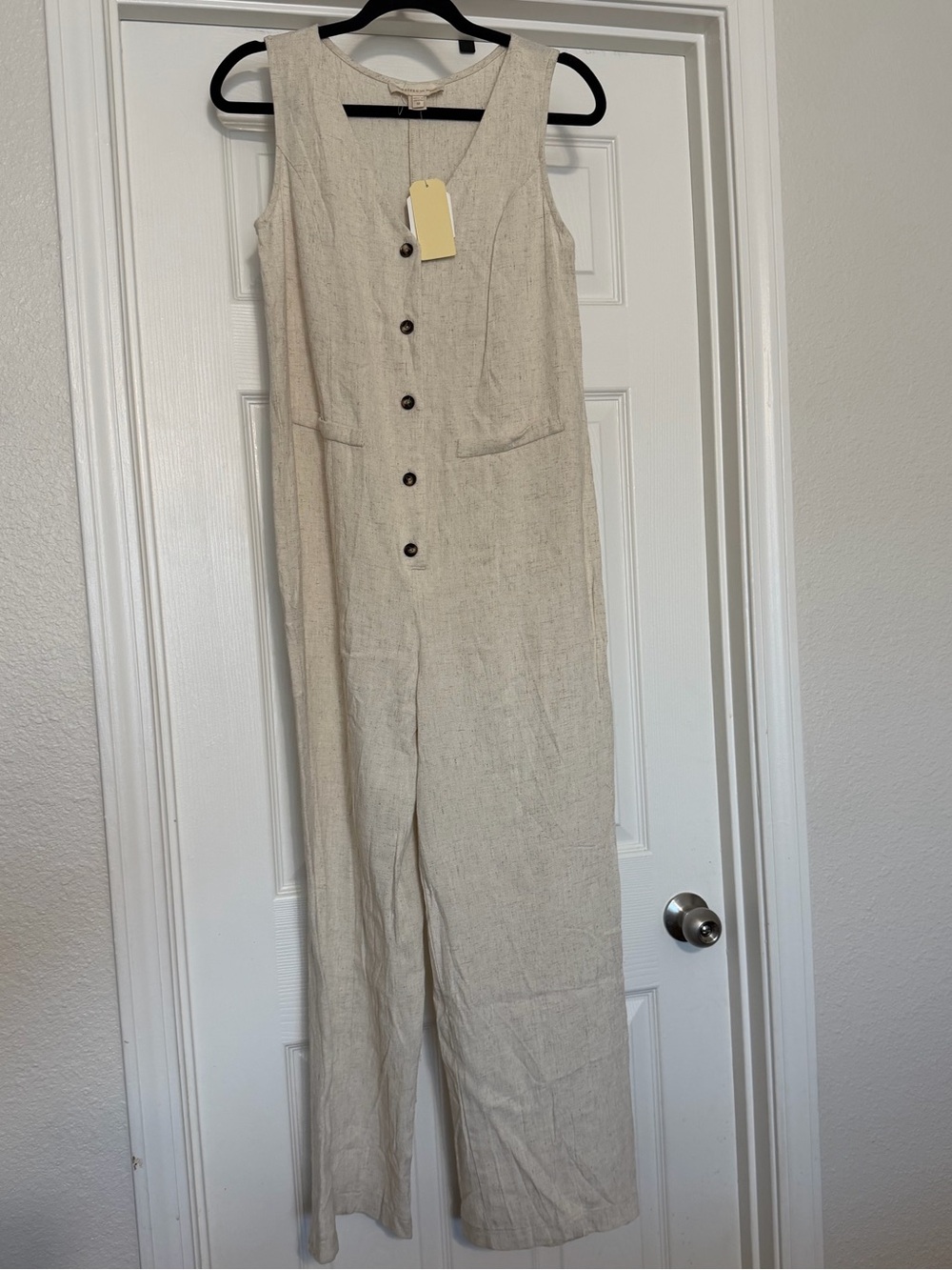 Monteau Sleeveless Button-Front Jumpsuit in Natural Beige